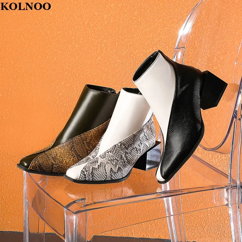 

Kolnoo Handmade New Hot Sale Womens Blocked Heel Ankle Boots Patchwork Leather Party Matin Booties Evening Fashion Daily Shoes