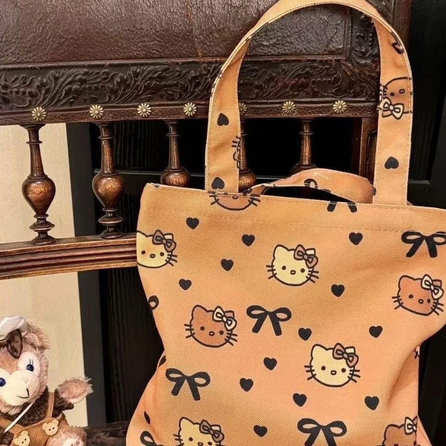 New Cartoon Sanrio Hello Kitty Handbag Girl Canvas Tote Bag Kitty Cute Large Capacity Lunch Bag Versatile Student Storage Bag