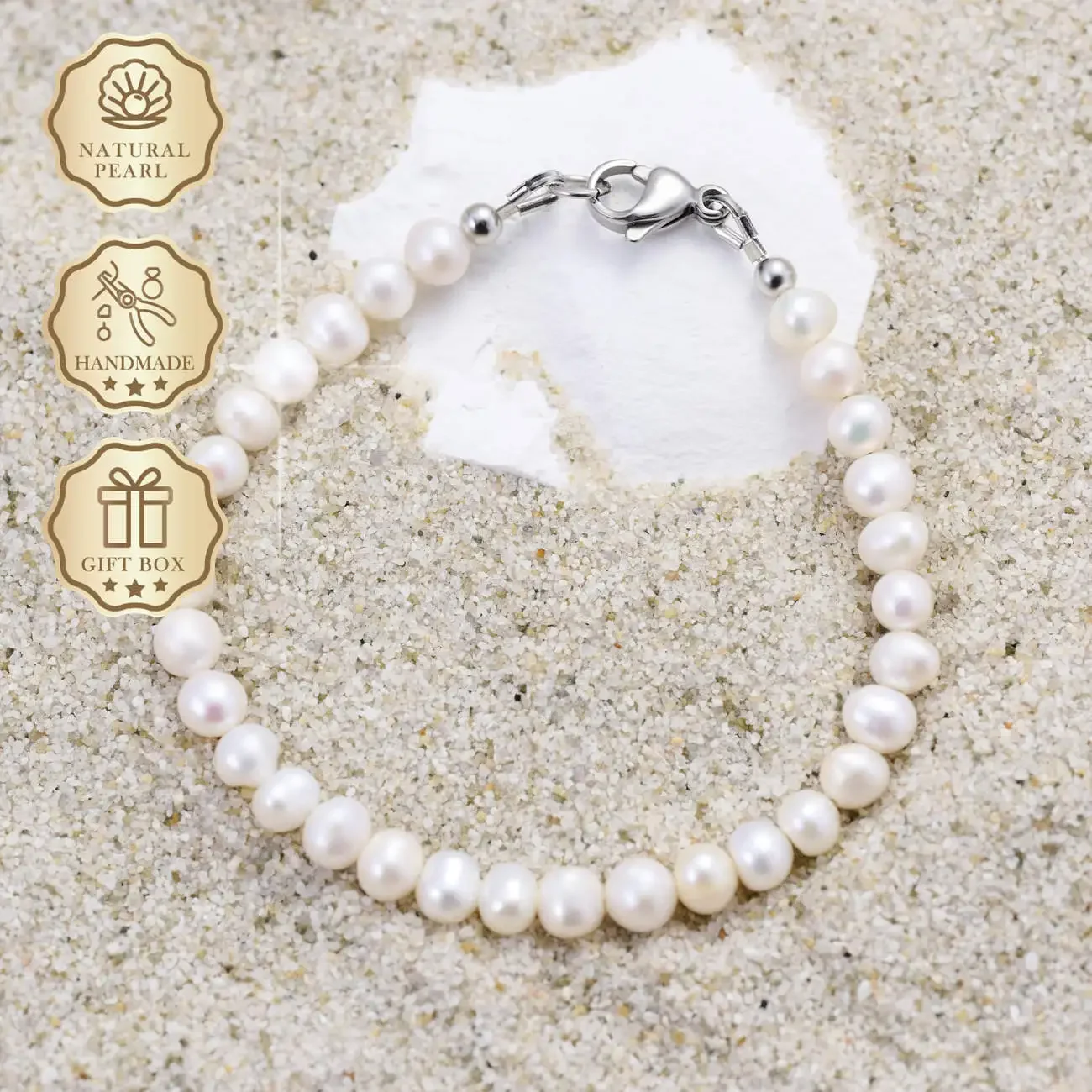 MYSOYA سوار لؤلؤ المياه العذبة الأبيض الطبيعي 5-6 ملم مع مشبك جراد البحر الفضي، صندوق هدايا، مجوهرات أنيقة لهدية عيد الميلاد #1