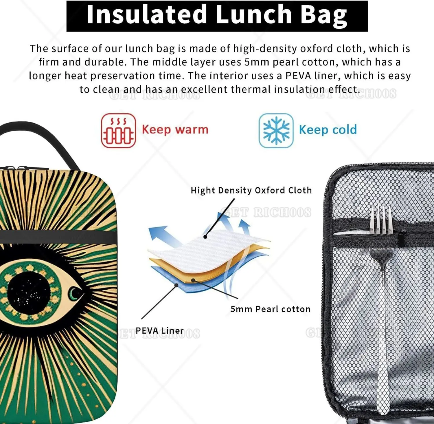 Borsa da pranzo per donna uomo scatola da pranzo riutilizzabile isolata per lavoro d'ufficio Picnic Beach Abstract Eye of Evil Pattern Lunch Bag