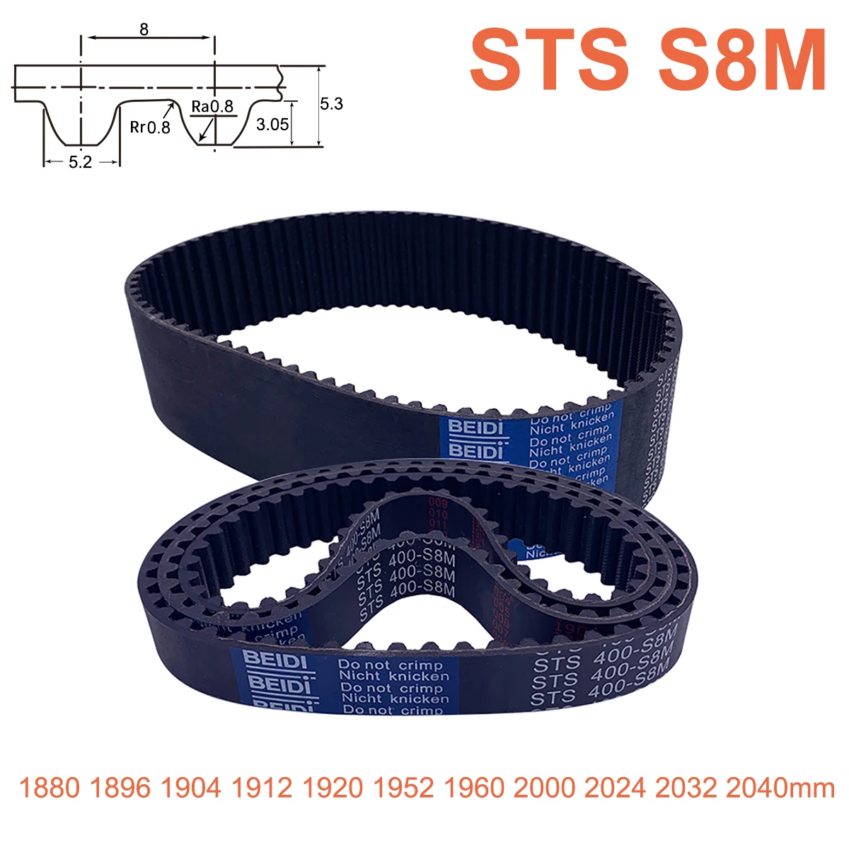 

S8M Rubber Timing Belt 1880 1896 1904 1912 1920 1952 1960 2000 2024 2032 2040mm Width 15/20/25/30/40mm Closed Synchronous Belt