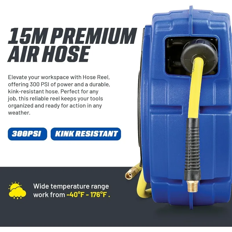 Goodyear Air Hose Reel Retractable 3/8" Inch x 50' Foot Hybrid Polymer Hose Max 300PSI Commerical Polypropylene Construction