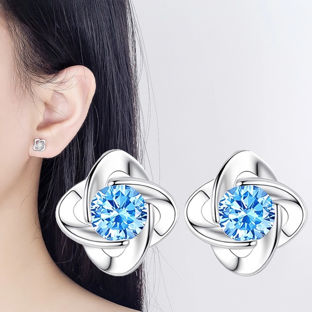 925 Sterling Silver Rotating Four Leaf Clover Zircon Stud Earrings For Women Wedding Party Fashion Charm Jewelry
