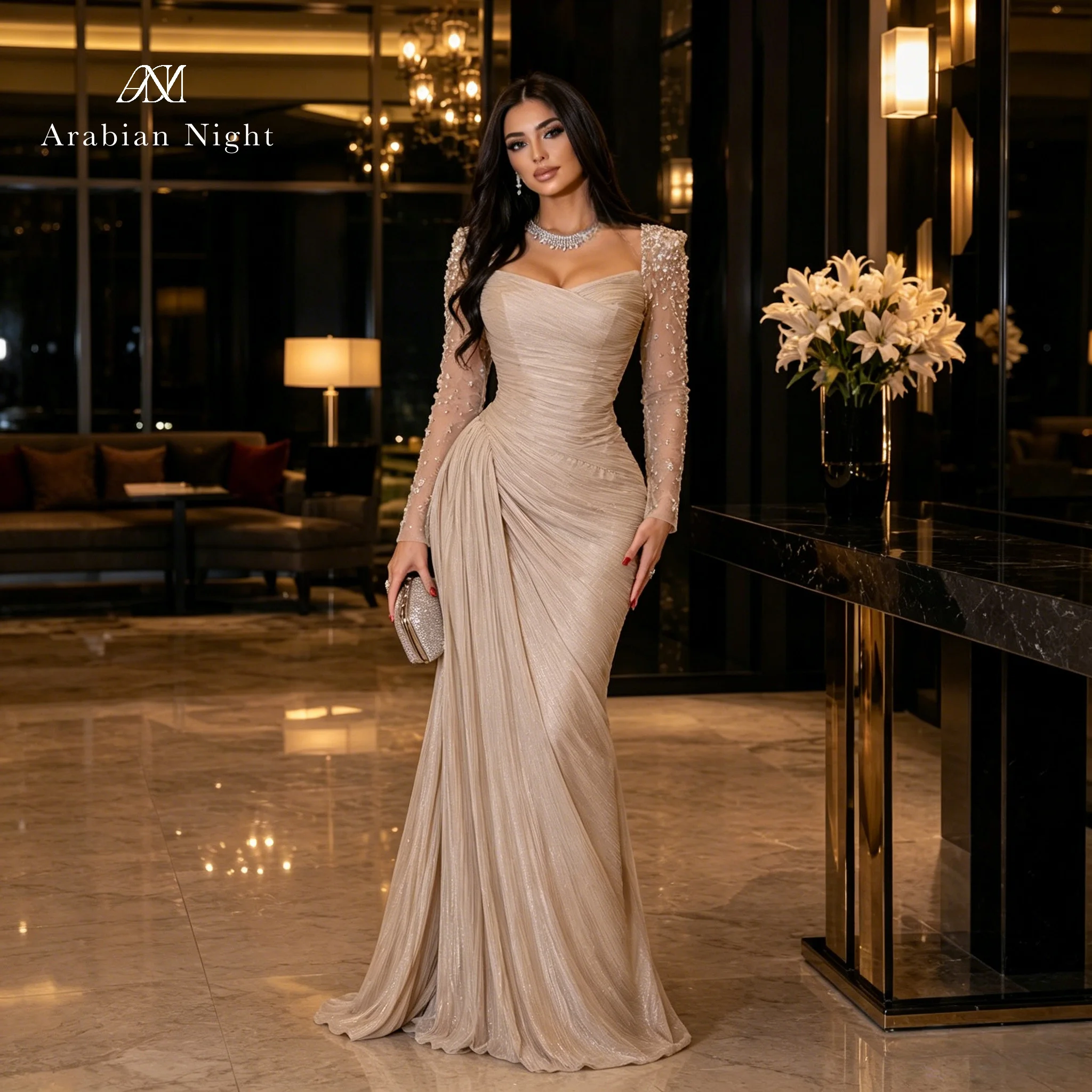Elegant Multi Color Formal Gown Strapless Long Sleeve Floor Length Fishtail Dress with Beaded Embellishments Ideal for Proms