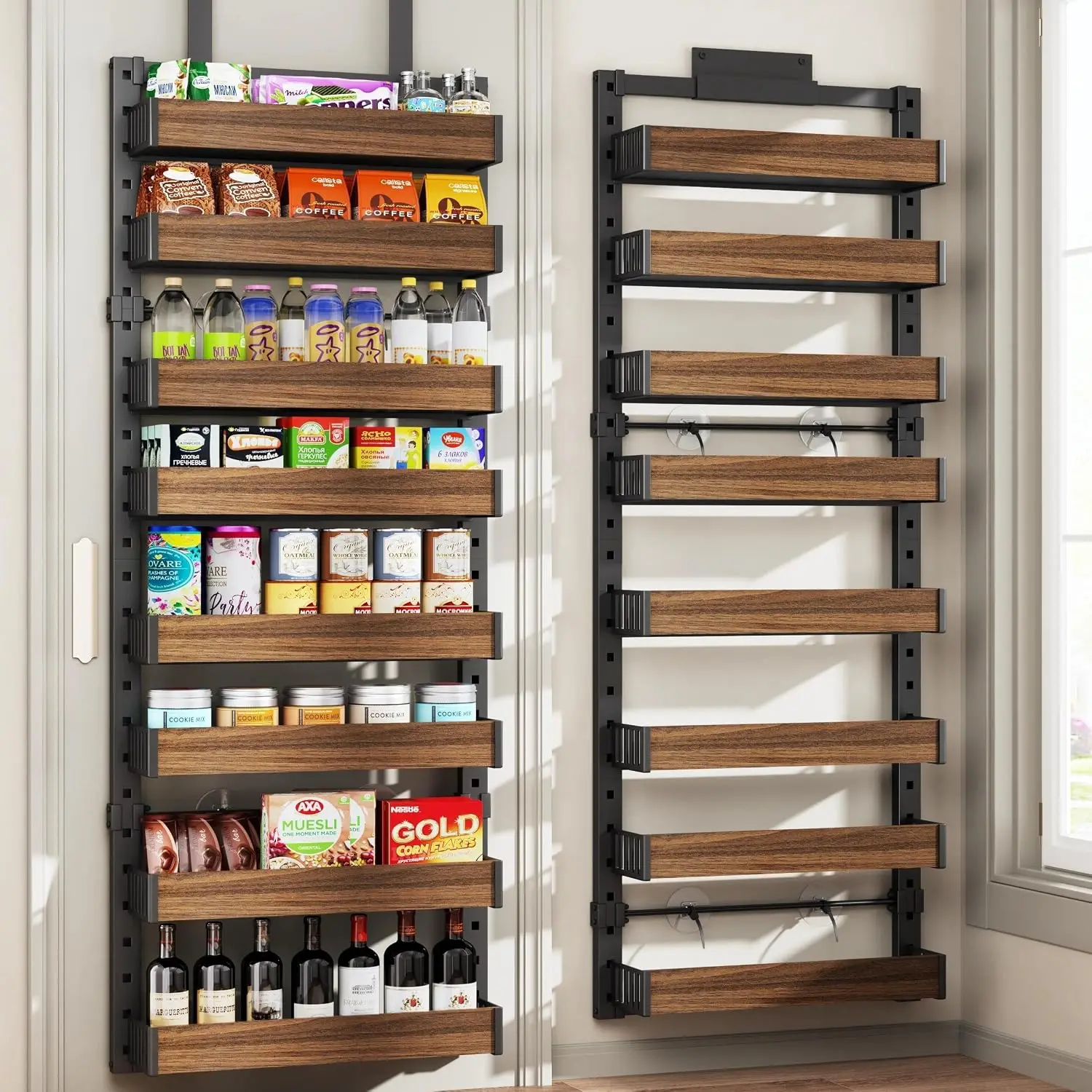 8-Tier Over-the-Door Pantry Organizer, Heavy-Duty 2-in-1 Hanging & Wall-Mounted Spice Rack with Adjustable Wooden Baskets for Kitchen, Cabinet, and Closet Organization