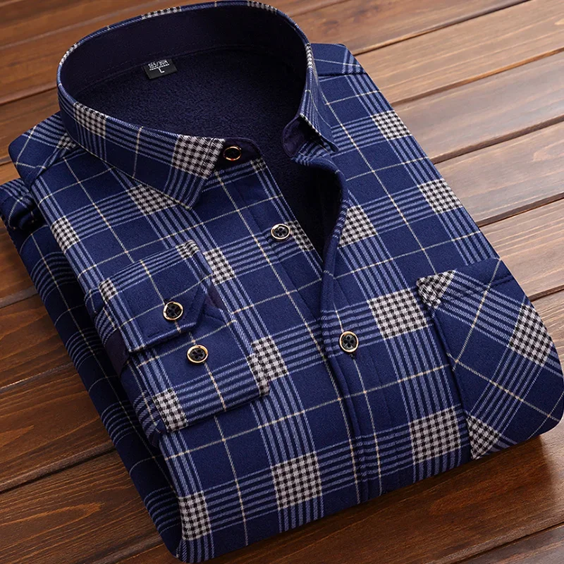 Men Fleece Shirt 2026 Autumn Winter Male Long Sleeve Plaid Shirt Thick Fleece Lined Soft Casual Flannel Warm Dress Shirt L-5XL