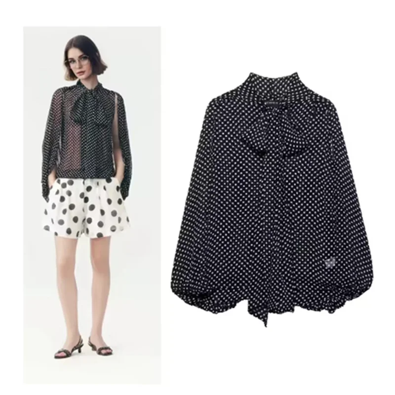 

Vintage Casual Chic Women Blouse Polka Dot Bow Lace-up V-Neck Loose Cloak Shirts New Fashion 2025 Spring Summer Blouses
