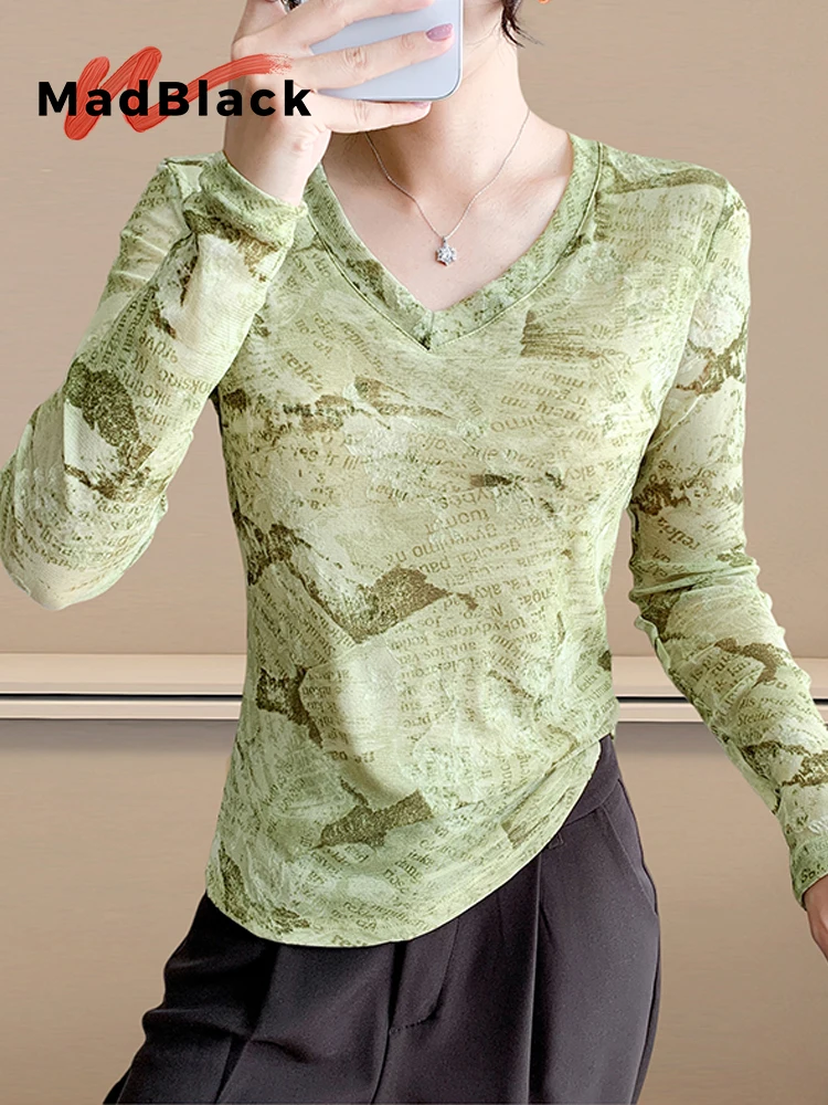 

MadBlack-Women European T-Shirt, Sexy V Neck Geometry Print, Fashion Long Sleeve Slim Mesh S-3XL Tee, 2025 Autumn New T59314CC