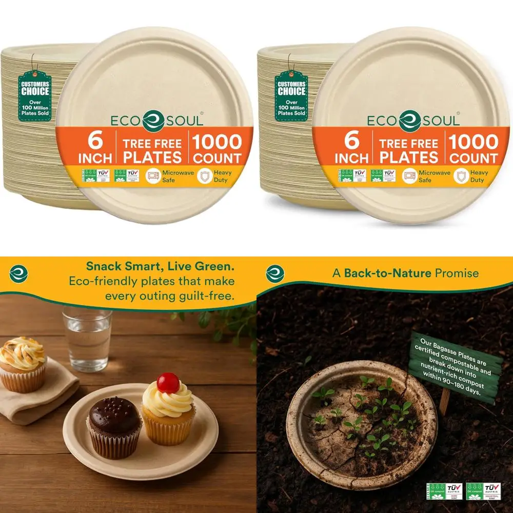 

Eco-Friendly 6-Inch Compostable Paper Plates (1000 Pack) - Natural Brown, Heavy Duty for Appetizers & Desserts