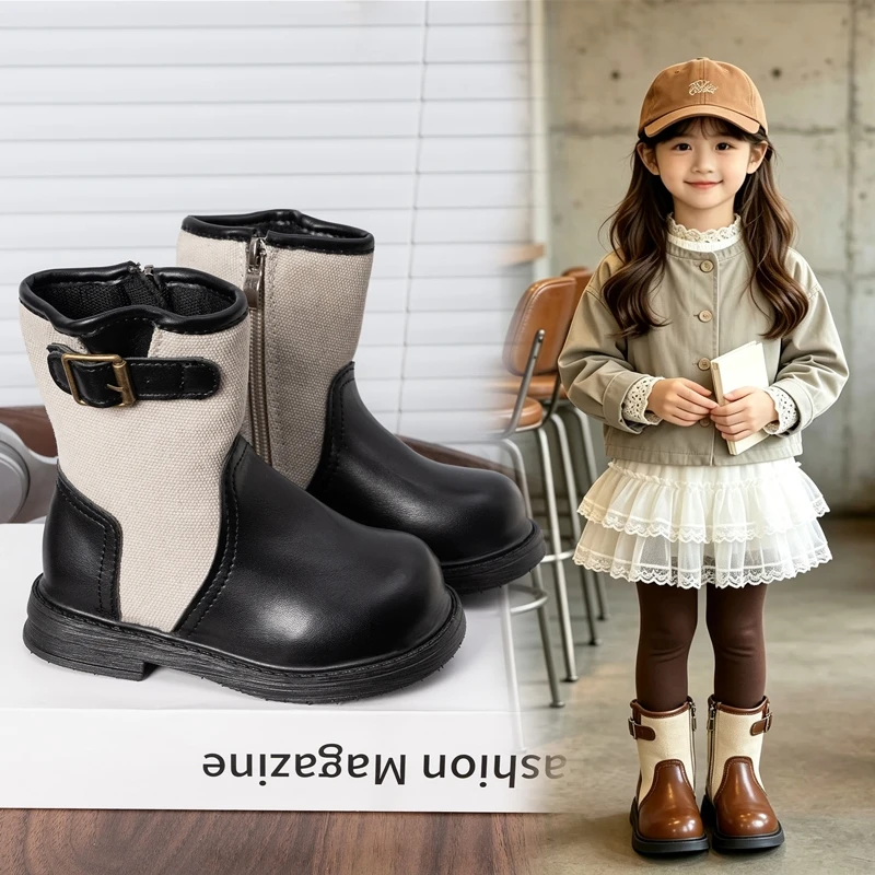 22026 New Children's Autumn Boots Classic Trend Girls Causal Ankle Boots Retro Fashion Kids Simple Leather Short Boots Round-toe