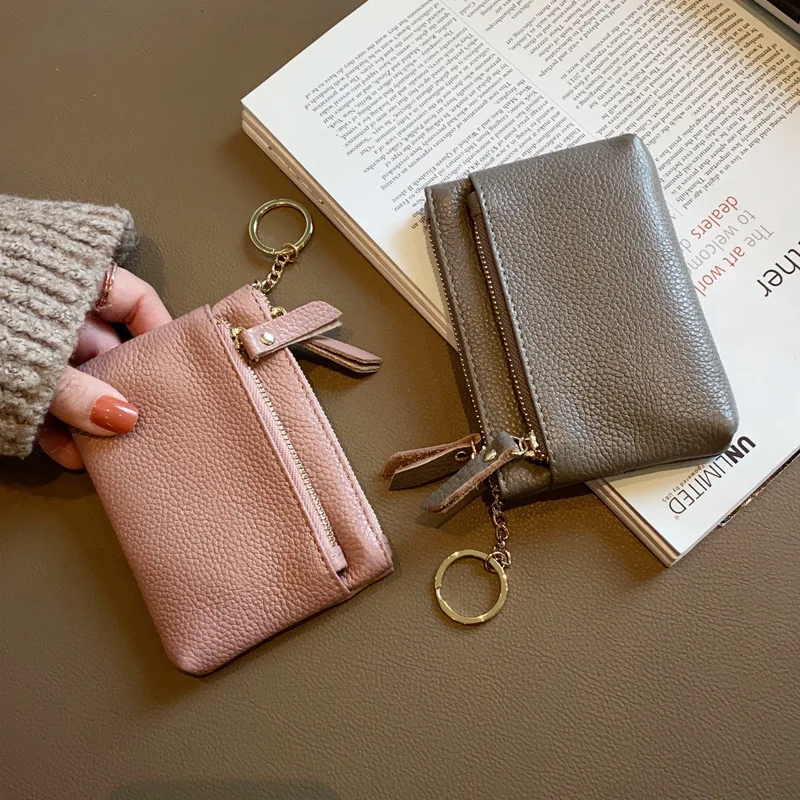 Genuine Leather Coin Purse Women's Mini Key Three-Layer Coin Bags Cute Multi-Color Leather Wallets Simple Portable Zipper Purses