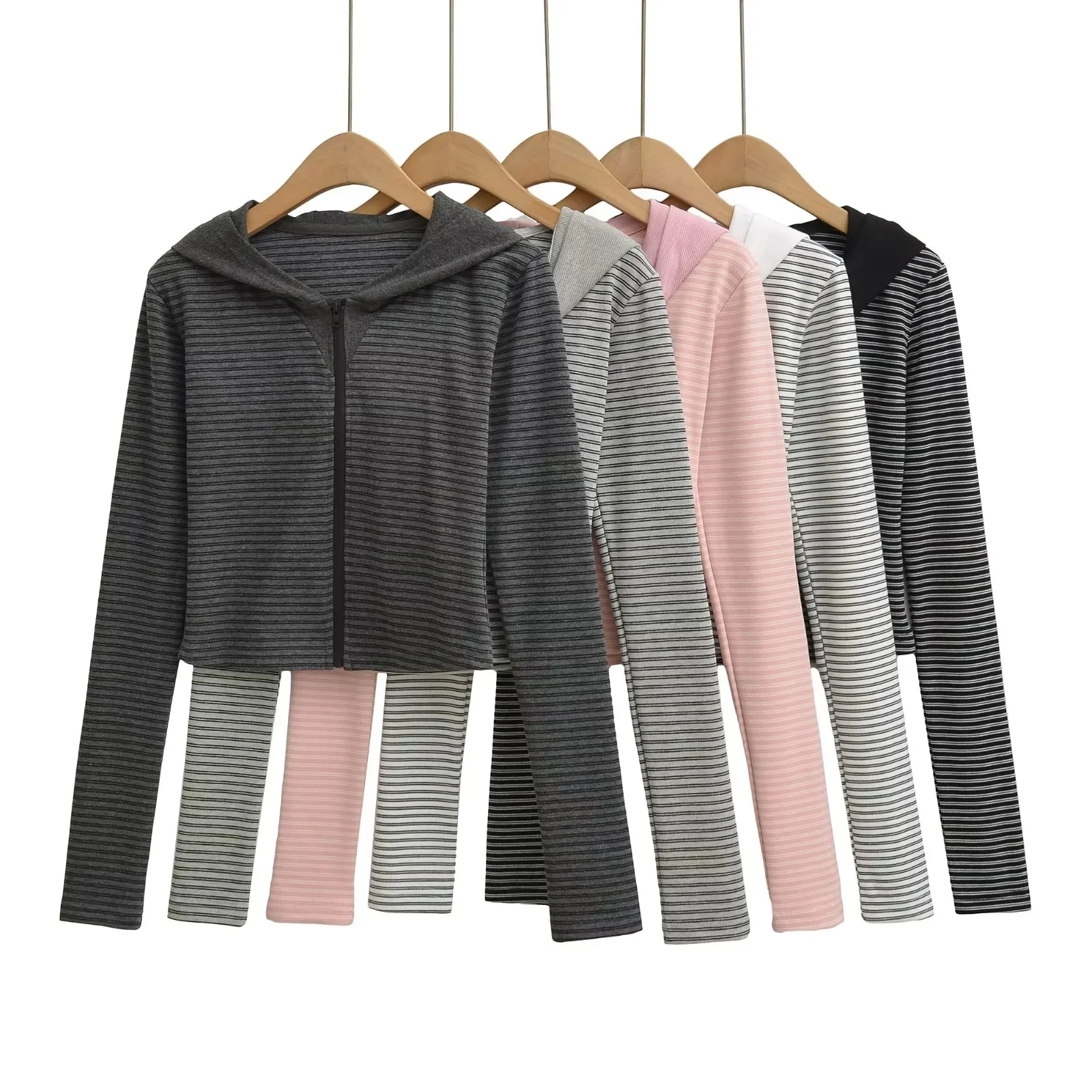 

American Retro Striped Zipper Hoodie Jacket Women's Slimming Short Outerwear Autumn New Style Long Sleeve Ladies Coat