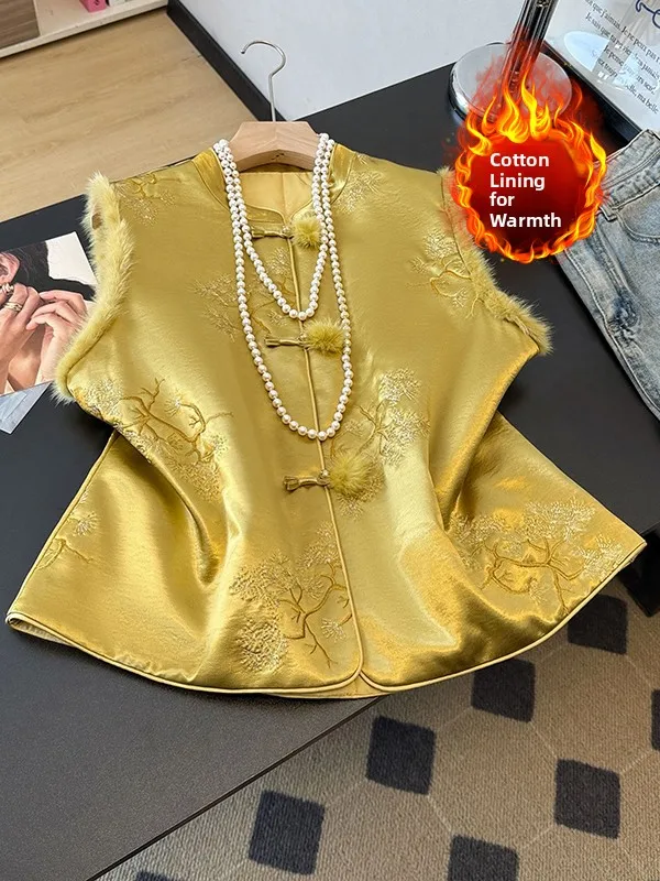 

Новый китайский Sle, высококачественный атласный хлопковый теплый жилет с вышивкой, женский топ из водяного кроличьего меха