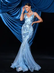 Missord 2024 V Neck Blue Spaghetti Panel Tulle Open Back Sequin Mermaid Evening Wedding Birthday Party Dress