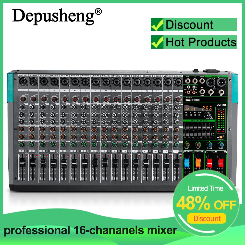 

16 Channels Audio Sound Mixer Depushng MG16 Mixing DJ Console USB with 48V Phantom Power 256 DSP Effects Sound Table for stage