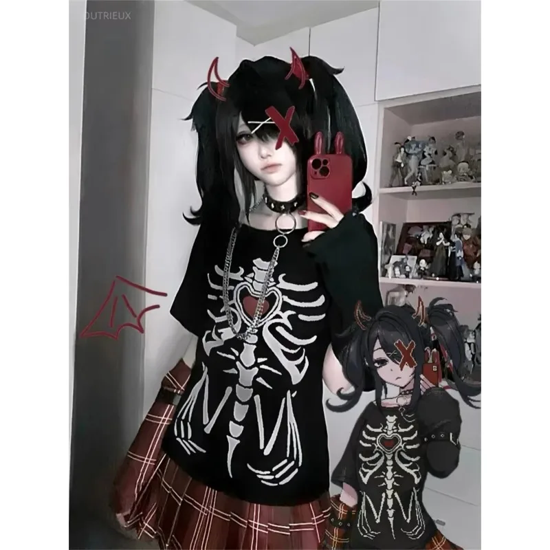 2026 Y2K Japanische Sommer-T-Shirts mit Skelett-Druck, Harajuku Vintage Lässige Lose Schwarze Oberteile, Damen Streetwear Grunge Tees