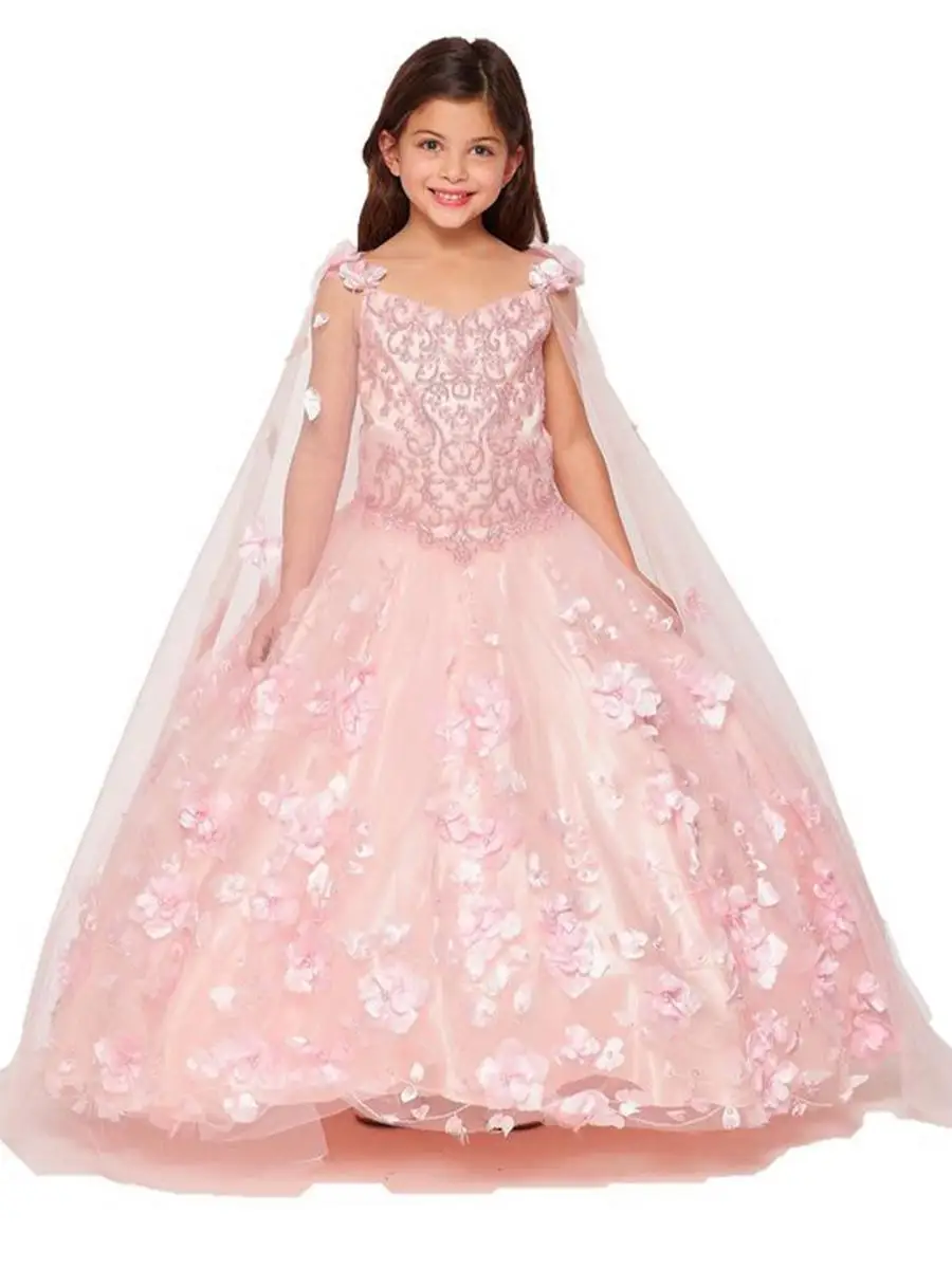 Pink Mini Quinceanera Dresses Mexican Ball Gown Tulle Floral Flower Girl Dresses For Weddings Pageant Dresses Kids Baby