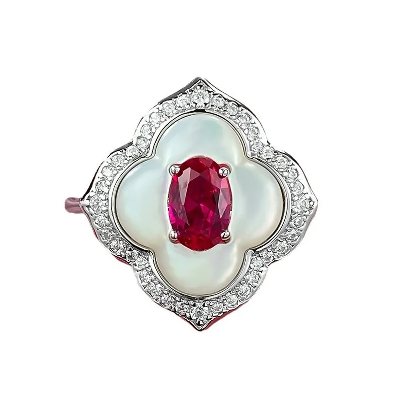 S925 Silver White Fritillaria Inlaid with Pigeon Blood Red 4 * 6mm Fashion Exquisite, Antique Style, Elegant Temperament