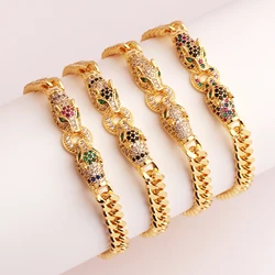 Silver Gold Color Chunky Cuban Link Chain Micro Pave Black White Rainbow CZ Double Jaguar Head Bracelet For Women Adjustable