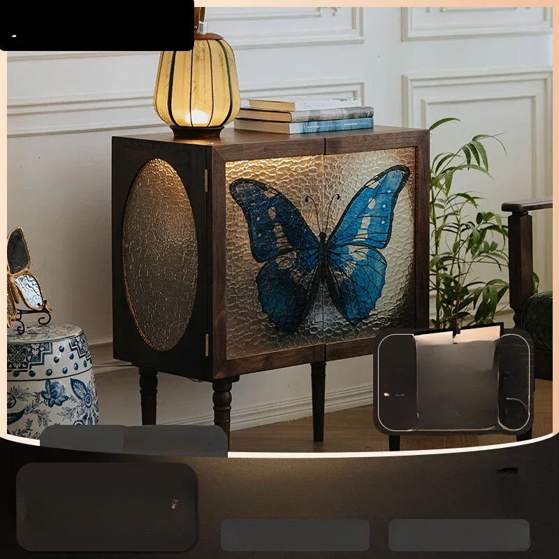 Butterfly Wine Cabinet Black Walnut Retro Stained Glass Living Room Cabinet Entrance Cabinet