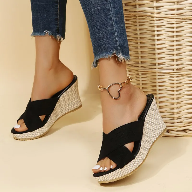 Zapatillas de tacón alto de lujo para mujer, sandalias de cuña de alpargata, zapatos de plataforma informales con punta abierta, sandalias