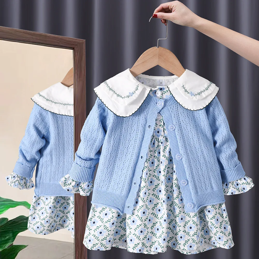 2024 Autumn Kids Baby Girls 2PCS Clothes Set Cotton Knitted Pocket Cardigan Floral Long Sleeve Dress Suit Toddler Girls Outfits