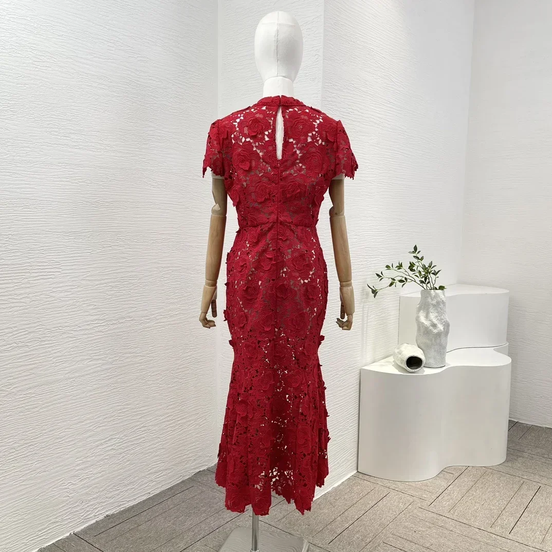 2024 New Summer Office Lady Red Lace Patchwork Floral Petal Sleeve Half High Collar Midi Slim Fit Women Mermaid Dress