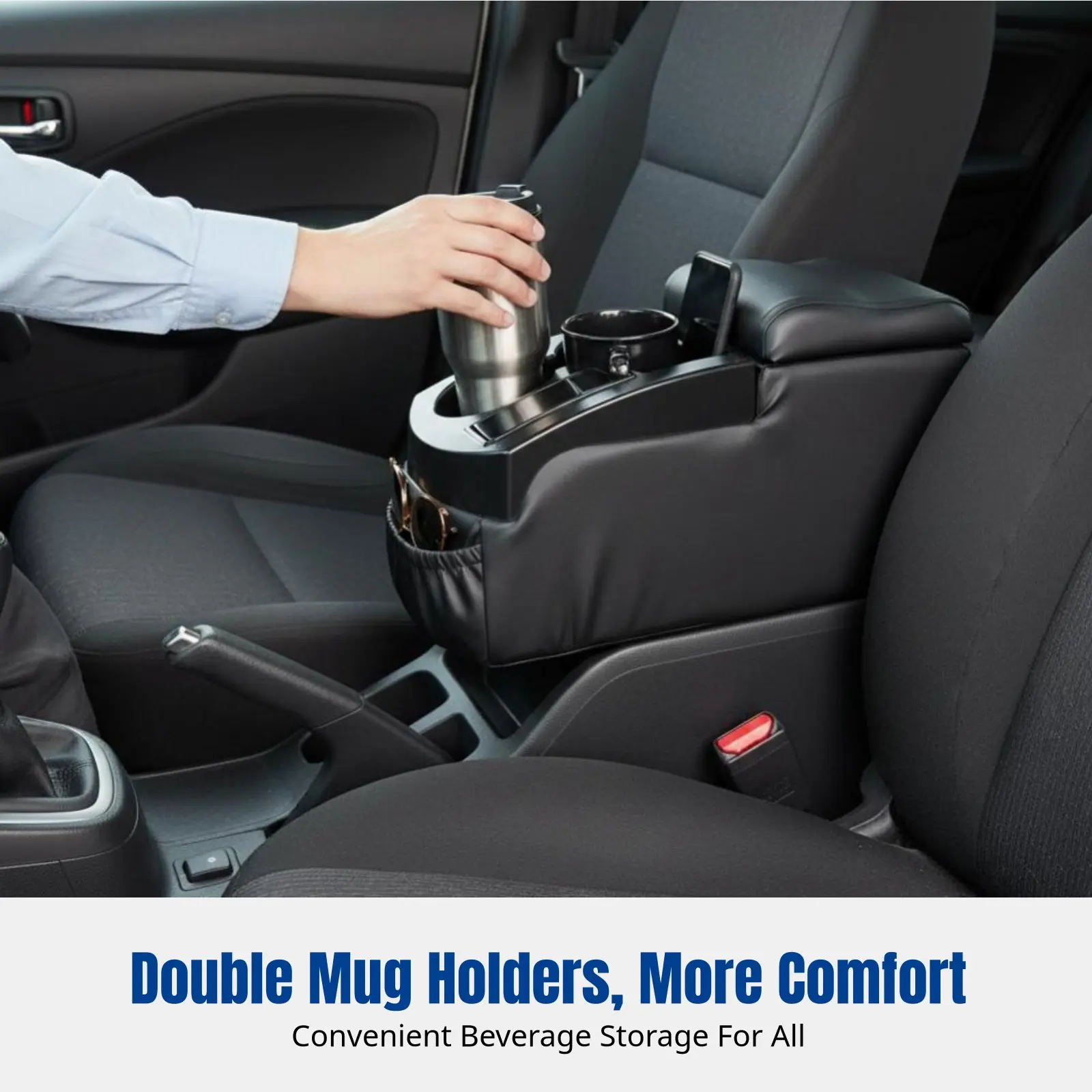 Universal Car Center Armrest Box, No-Drill Install, Front & Rear Cup Holder, Large Multi-Compartment Storage