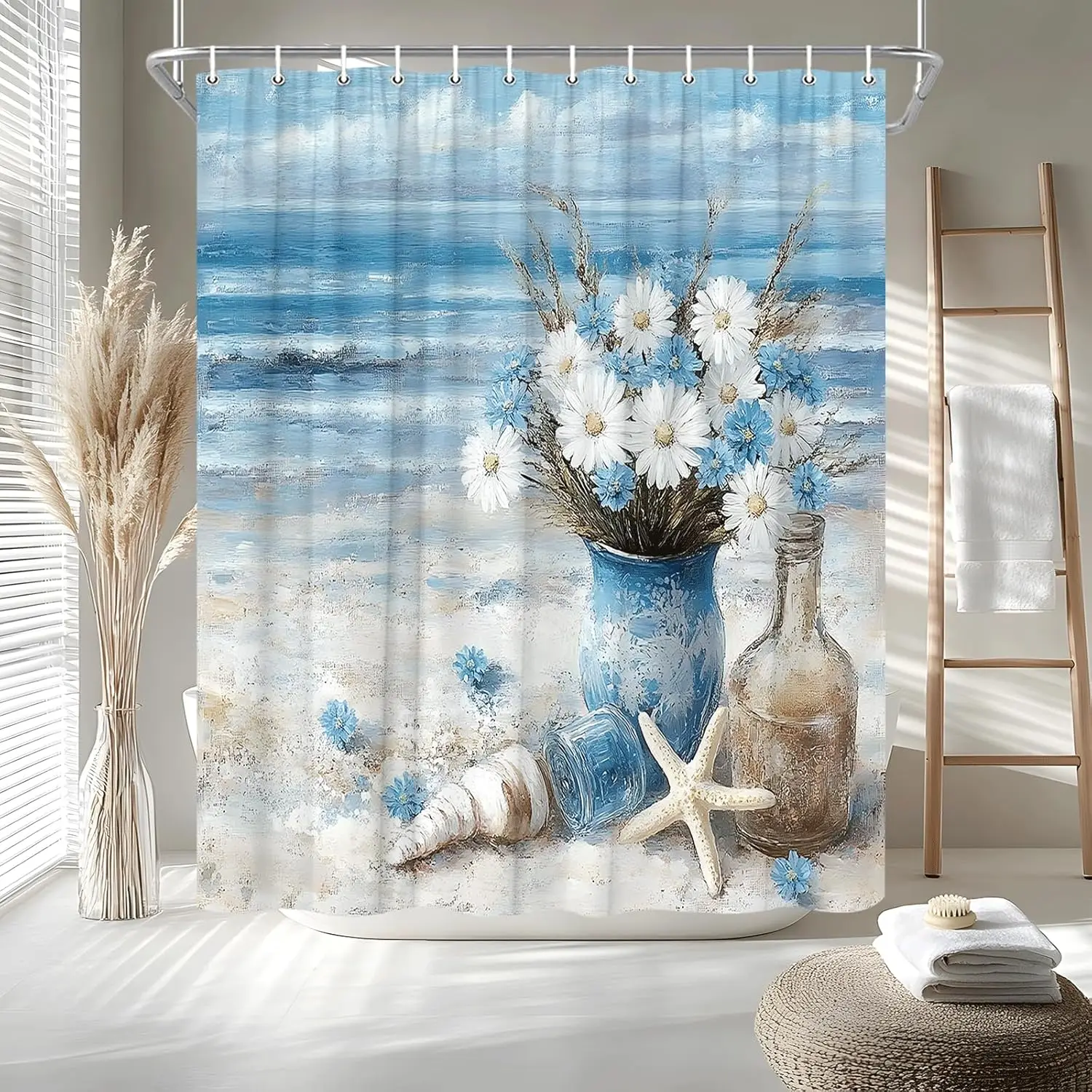 Beach Shower Curtain Oil Painting Style Blue Ocean Starfish Seashell Nautical Coastal Seascape Seaside Floral Daisy in Vase Sea