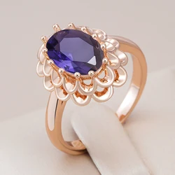 Kinel Hot Classic Big Oval Purple Natural Zircon Ring For Women Fashion 585 Rose Gold Color Crystal Flower Daily Vintage Jewelry