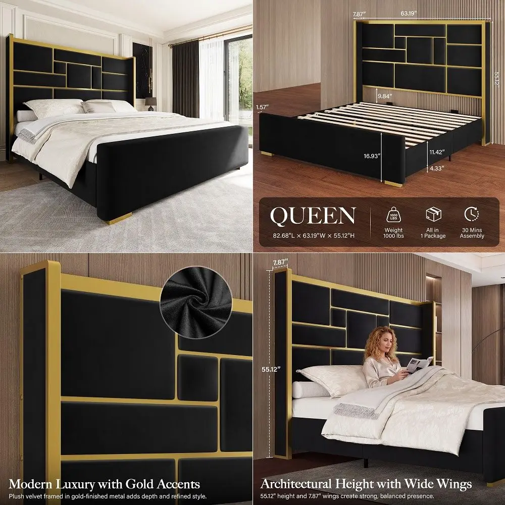

Bed Frame with 55.12 Tall Headboard, Modern Luxury Velvet Upholstered Platform Bed with Gold Trim, Wide Wingback Design, NoiseF