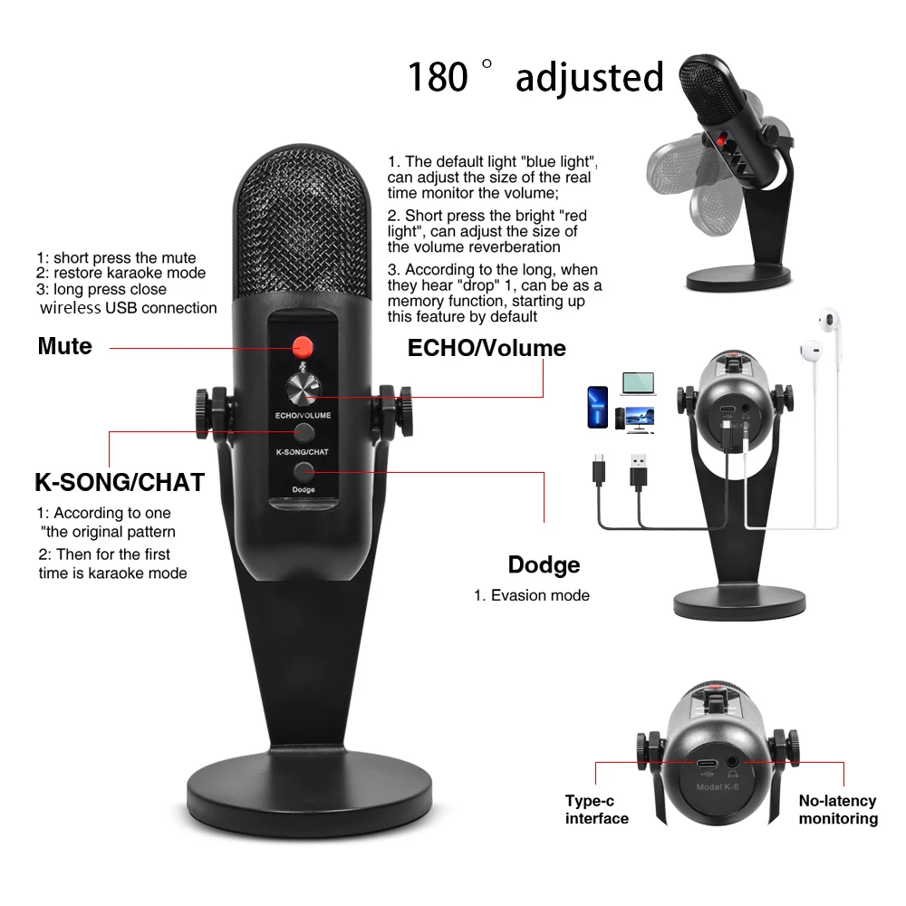 USB Wireless Microphone For Laptop PC Computer Desktop Condenser Mic Set For Podcasting Gaming With Adjustable Stand