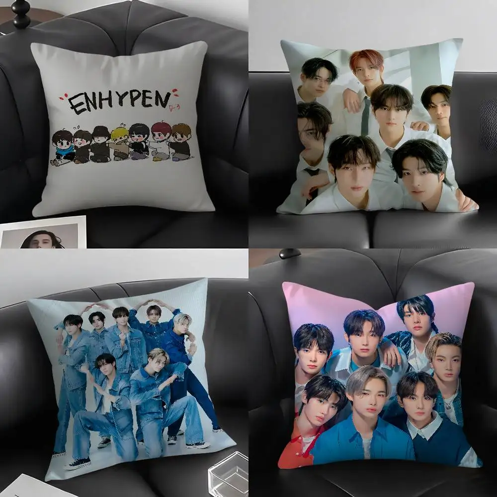 

Cool Kpop E-EnhypenS Pillow Case Soft Plush Fabric Double Sided Print Decorative Home Living Room Gift Cushion Cover