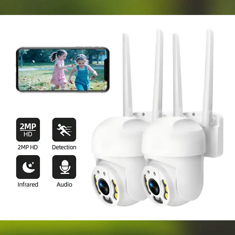 

Комплект из 2 беспроводных HD Wi-Fi PTZ-камер 2.4G с автослежением, двусторонней аудиосвязью, цветным ночным видением, для наружного использования, водонепроницаемые, для обеспечения безопасности