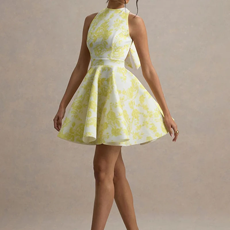 أزياء س الرقبة الدانتيل يصل مساء اللباس المرأة شيك طباعة أكمام عارية الذراعين فستان قصير مثير سليم عالية الخصر مطوي ألف خط اللباس