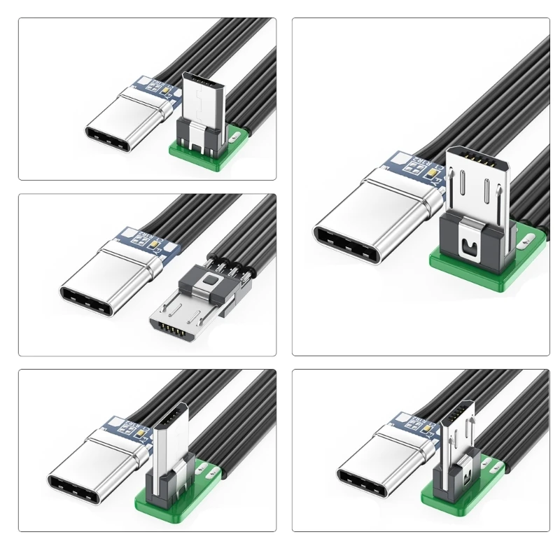 USBC Cable Thin Ribbon FPC Cable USB TypeC 90 Degree Angled up to MicroUSB Cable for Data and Charging