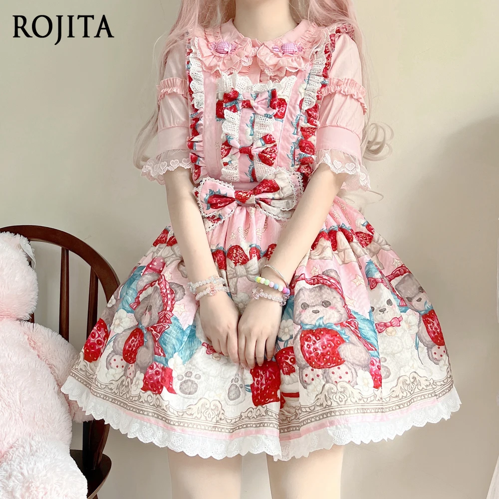 

Original Design Lolita Bear Berry Pastry Chef Dress Cute JSK Strap Dress for Women Strawberry Print Short Sleeveless Dress