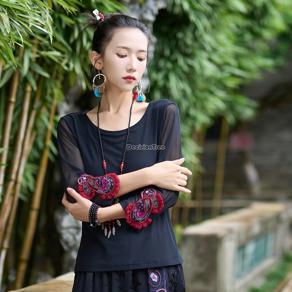 

2025 autumn new retro chinese ethnic style women round collar long sleeve embroidered modal mesh patchwork t-shirt top blouse t1