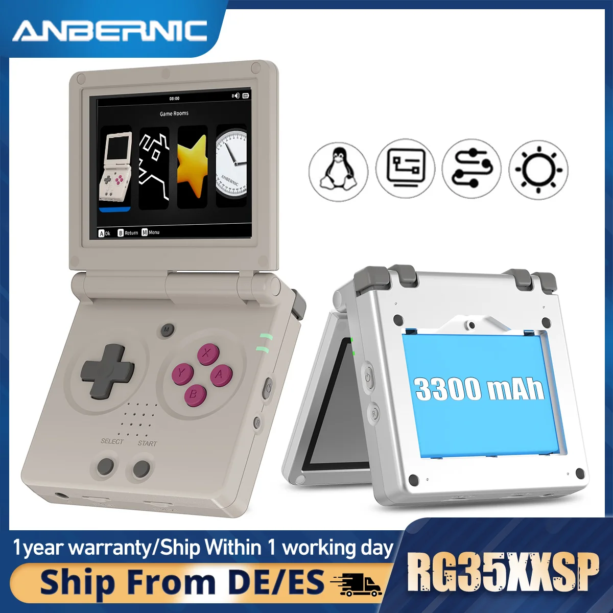 ANBERNIC – Console de jeu portable rétro RG35XXSP, écran IPS de 3.5 pouces, système Linux, sortie TV HD, Streaming multijoueur en ligne