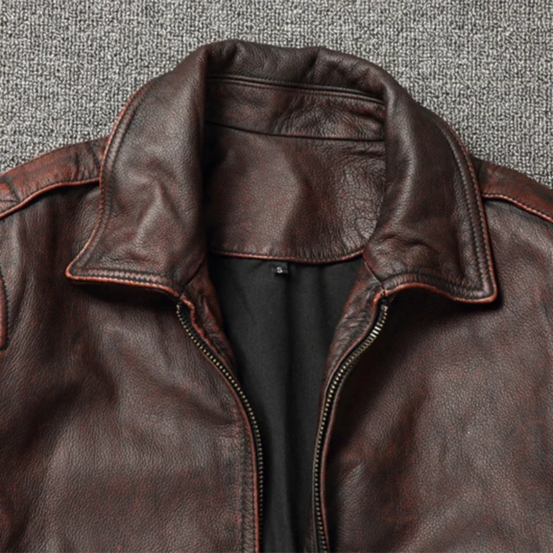 100% Cowhide Genuine Leather Coat  for Men style of  Moto & Biker Vintage  Slim  Male Natural Fashion lapel Leather Jacket