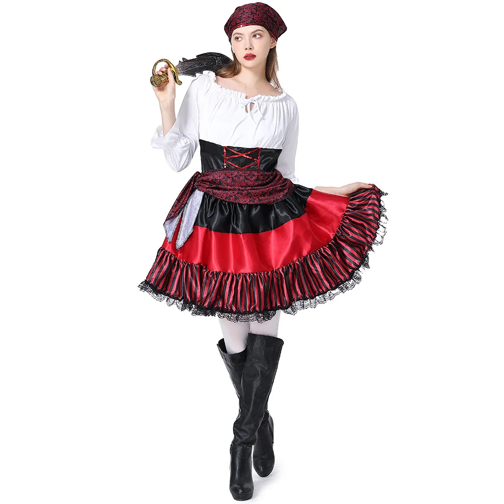 Halloween Costume Long Sleeve Dress Scarf Set Girls Pirate Chief Cosplay Stage Performance Red Striped Female Pirates Outfits