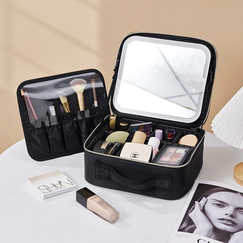 Custodia per trucco con luce a LED di grande capacità con specchio rimovibile - Organizer cosmetico da viaggio regolabile per le vacanze di regali a casa