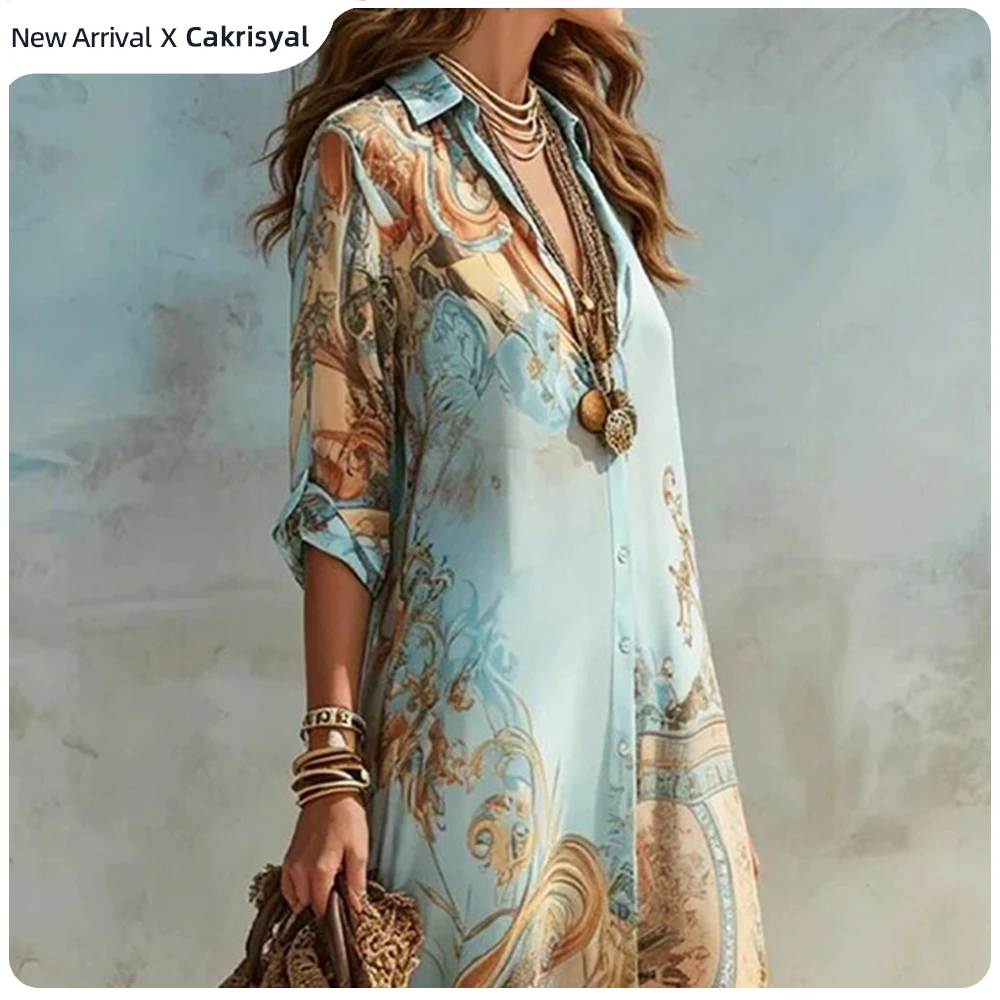 Damen Boho Vintage Barock-Print Hemdkleid Maxikleid mit Revers 3/4 Ärmel Knopfleiste Vorne Geschlitzter Saum Chiffon Lässiges Strandkleid