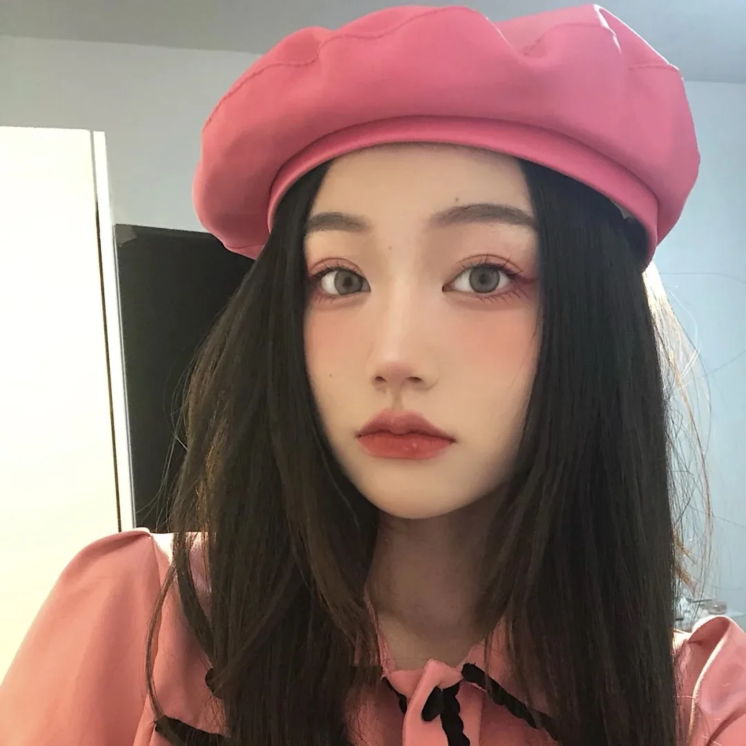 Autumn and Winter Retro Pink Ins Beret Japanese PU Leather Beret  Hat Women Newsboy Hat Painter Cap