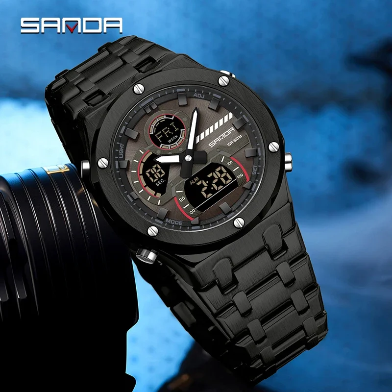 SANDA New Fashion Men Quartz Watch Stainless Steel Multifunction Dual Display Watch LED Luminous Waterproof Men's Digital Watch