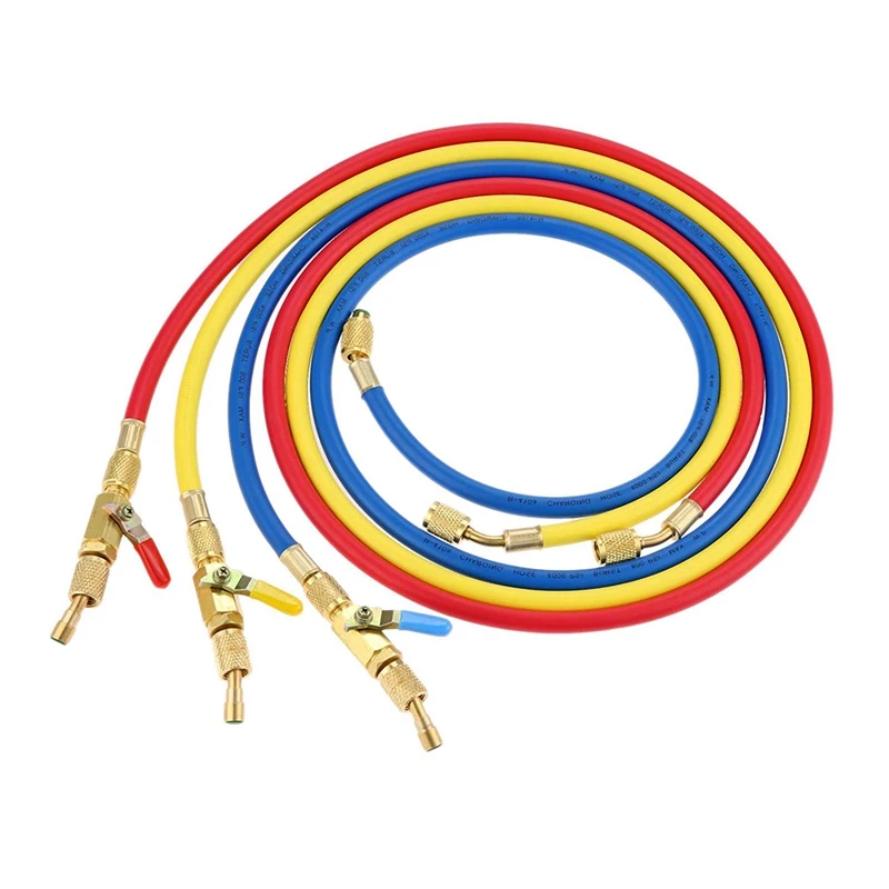 60 Inch R410A Hoses With Ball Valves For R22 R410A R404A R134A Refrigerant Manifold Gauge Set 3 Color Hoses In Red Blue Yellow