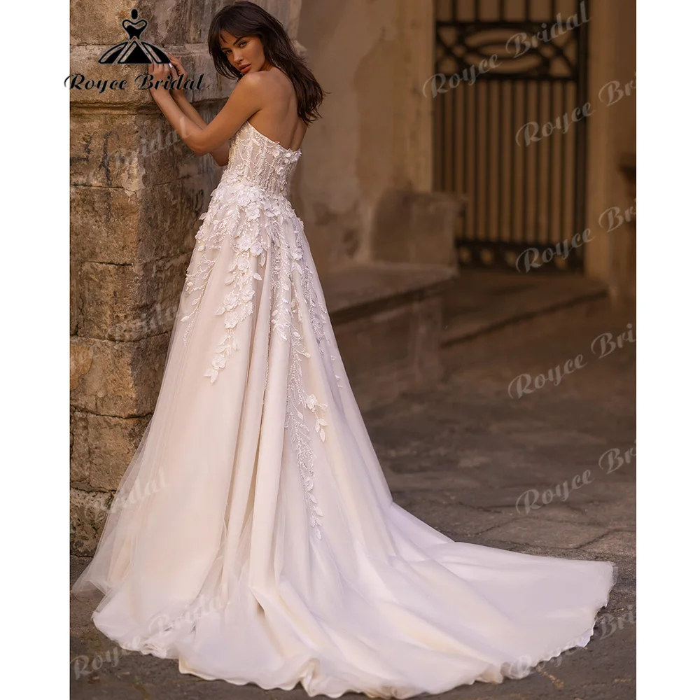 Strapless 3D Floral Beaded Lace A Line Wedding Dress Boned Illusion Corset Low Back Multi-Layer Tulle Soft Bridal Gown Customize