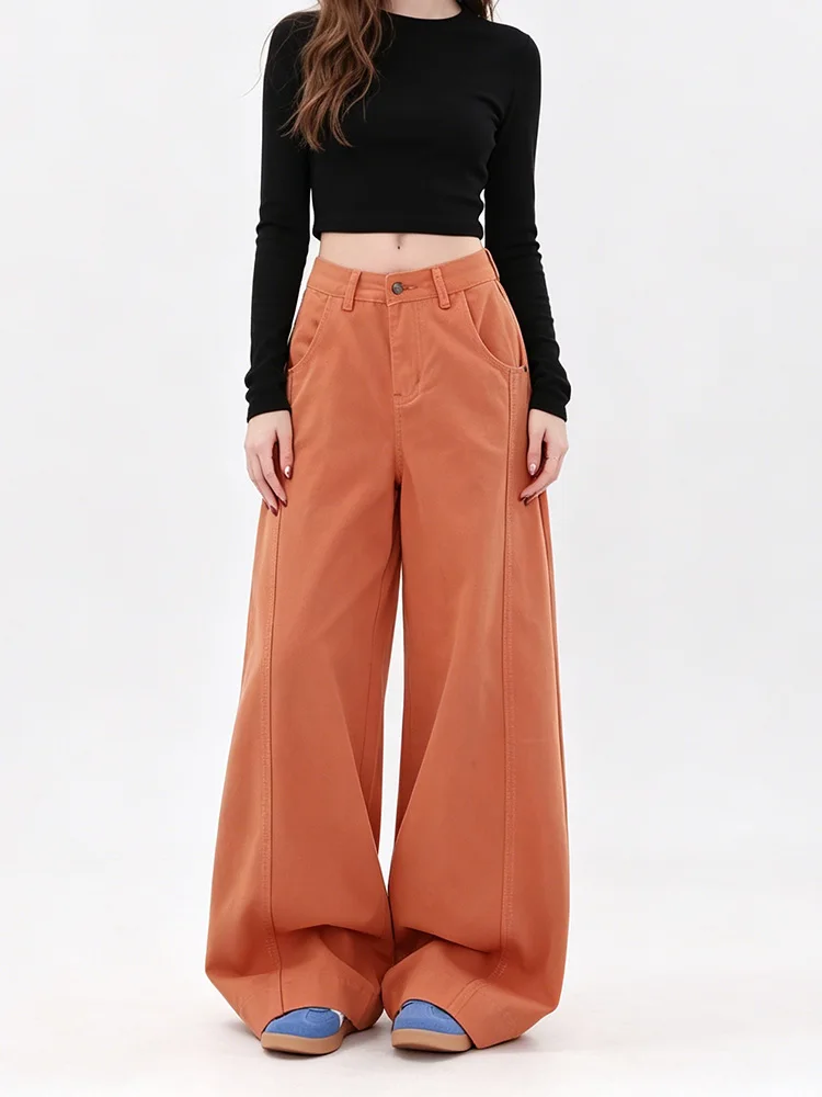 

Women's Orange Casual Denim Cargo Baggy Y2K Harajuku American High Street Fashion Loose Wide Leg Retro Blue Cloth Long Pants New
