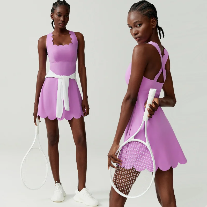 FUBEIKE Small Wave Backless One-piece Tennis Dress For Women Plus Size Anti-Exposure Outdoor Sports Fitness Sporty Dress Woman