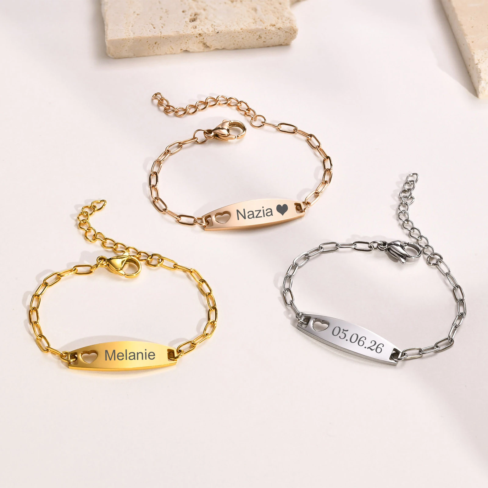 Personalized Engraved Name Date Baby ID Bracelet for Kids Stainless Steel Custom Name Heart Bar Bracelet Children Jewelry Gift